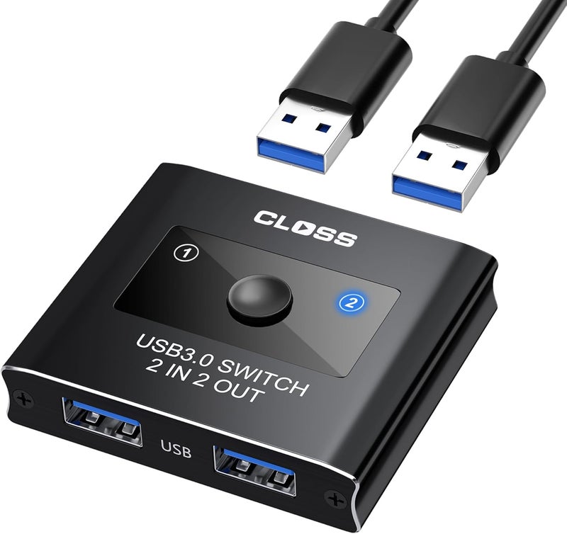 Closs USB 3.0 Switch 2 in 2 Out, USB Switcher for 2 Computers, Share Keyboard, Mouse, Printer, Scanner, KVM Switch Selector, Compatible with Windows, Mac, Linux, Includes 2 USB-A 3.0 Cables - Image 1